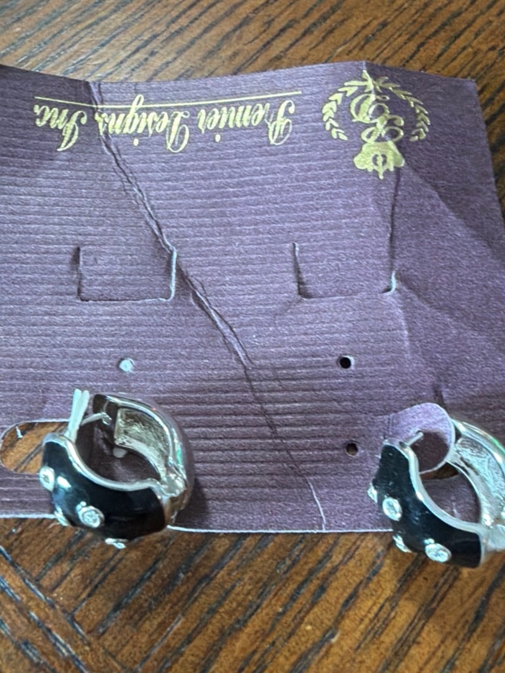 Silver-Tone Black Enamel Hoop Earrings with Crystal Accents